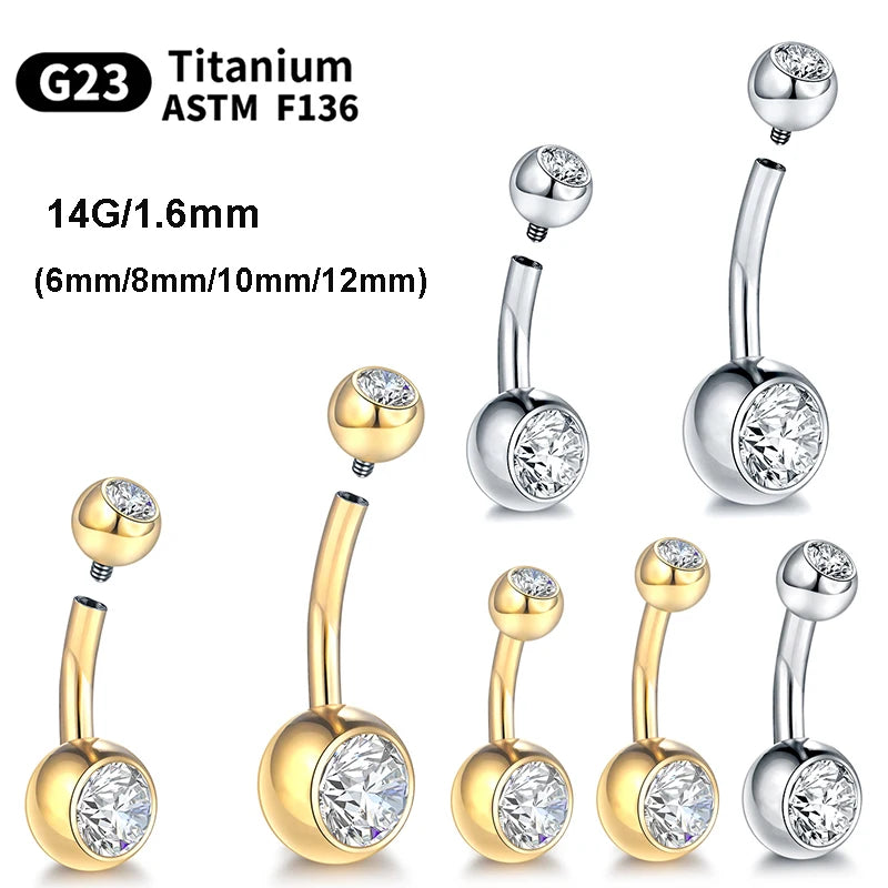 Titanium Belly Button Rings 14G Navel Piercing with CZ Gems 6-12mm - Gold & Silver