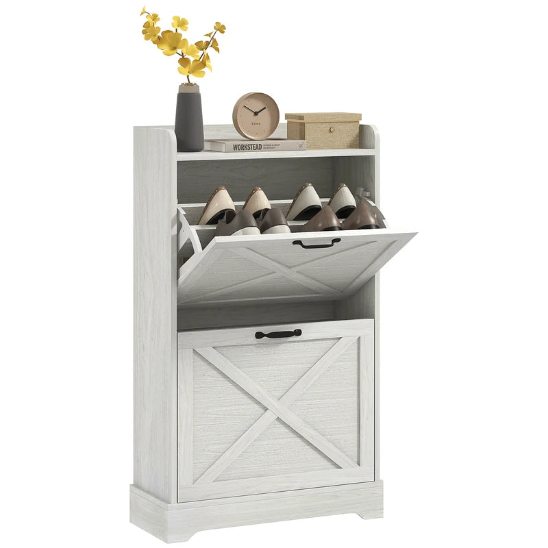Farmhouse Style Shoe Cabinet with 2 Flip Drawers and Adjustable Shelves, Distressed White Entryway Storage