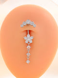 Long Dangled Flower CZ Belly Button Ring Stainless Steel Navel Piercing Jewelry