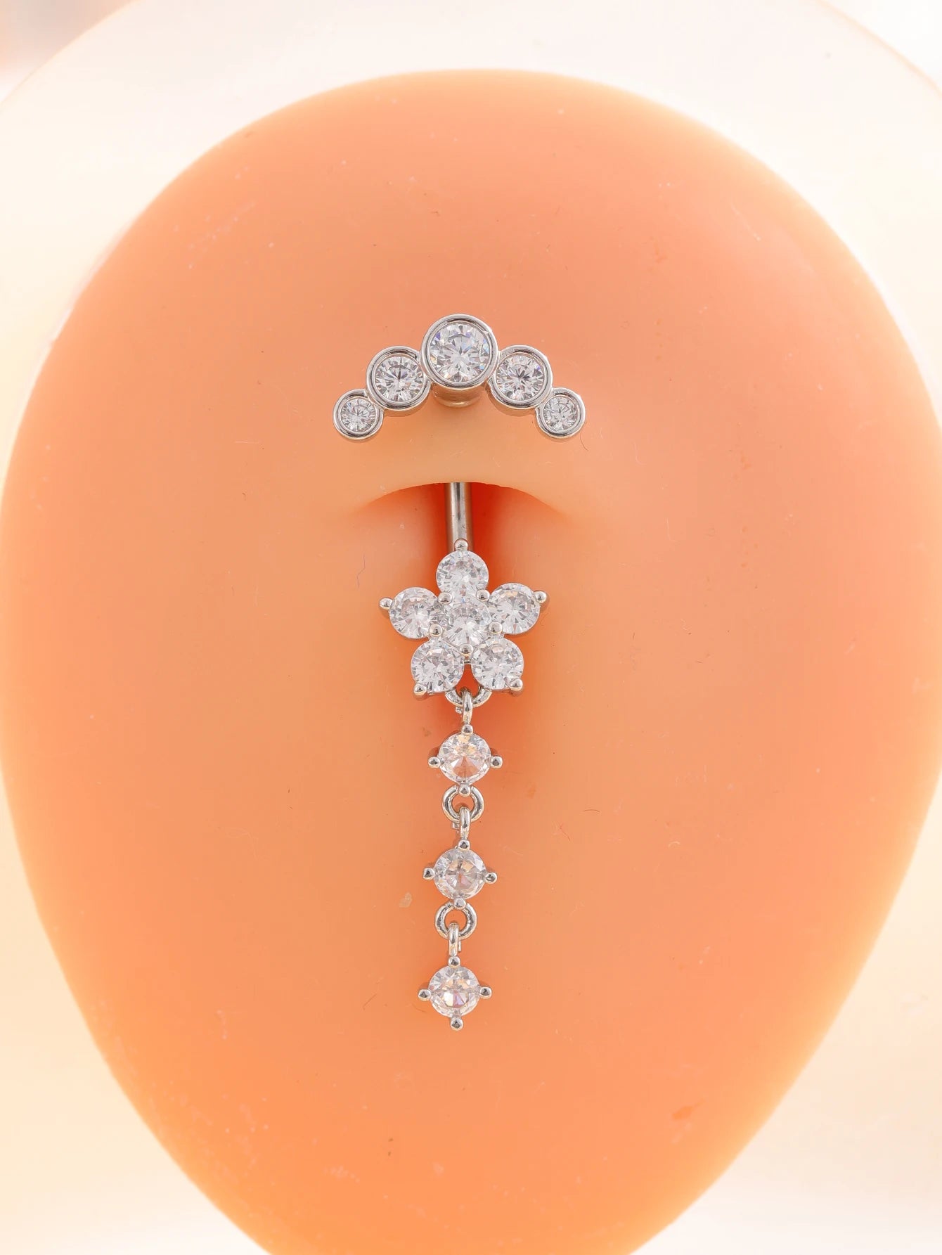 Long Dangled Flower CZ Belly Button Ring Stainless Steel Navel Piercing Jewelry