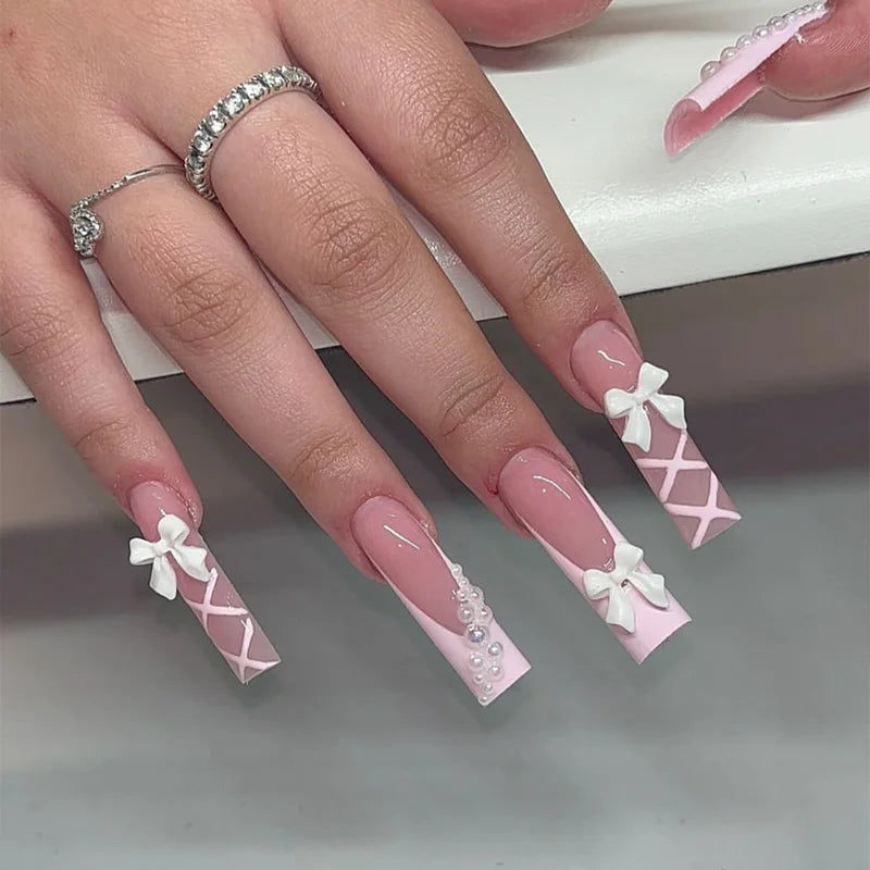 24Pcs Long Square French Fake Nail Tips with 3D Love Heart & Rhinestone Design