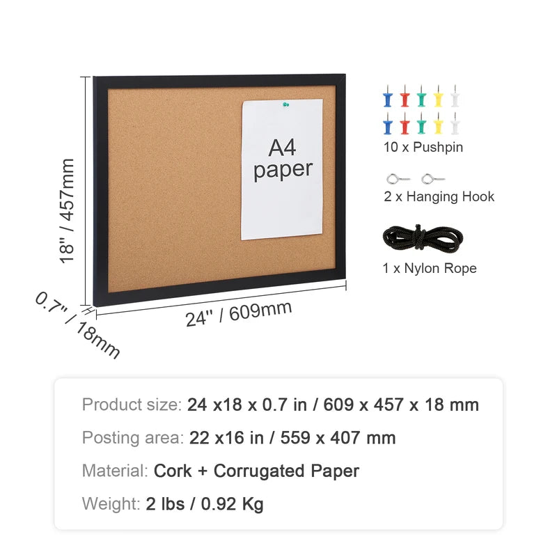 Large Cork Bulletin Board 36x24 Inch with MDF Frame and Pushpins for Office & Home