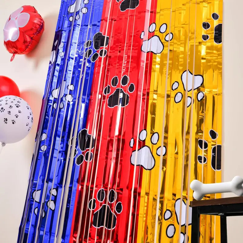 Paw Birthday Decorations 2 Pack Gold Red Blue Party Fringe Curtains Photo Booth Props