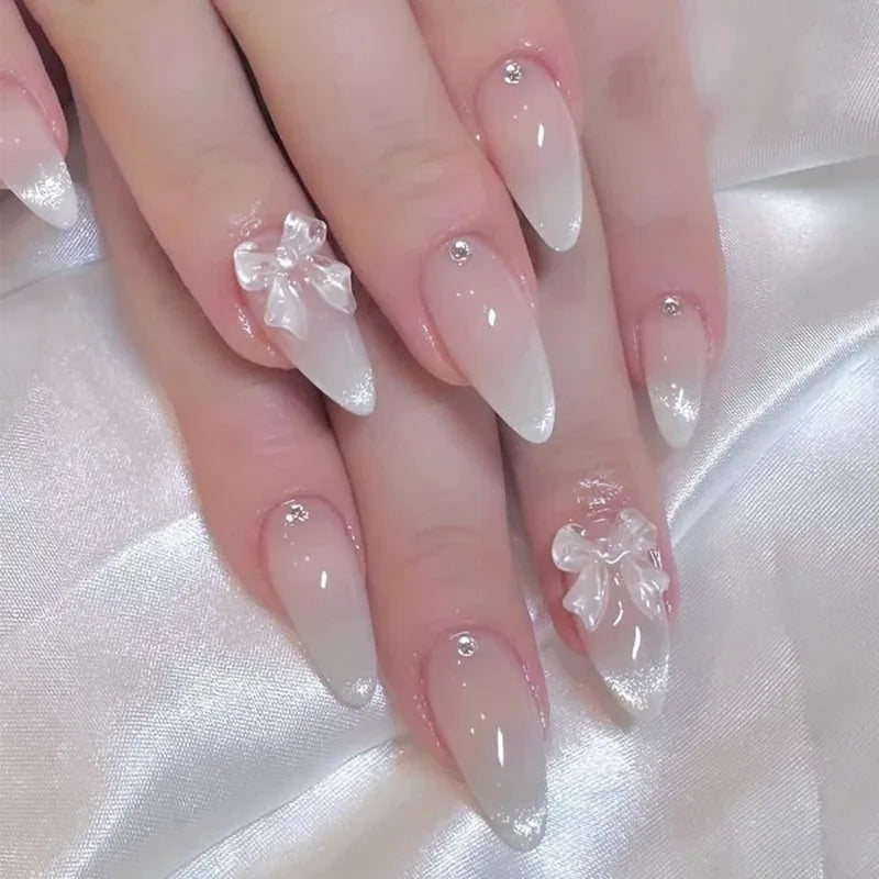 24Pcs French Press Nail Art Set with Diamond-Pointed Bow Knots for Women & Girls - Almond Shape
