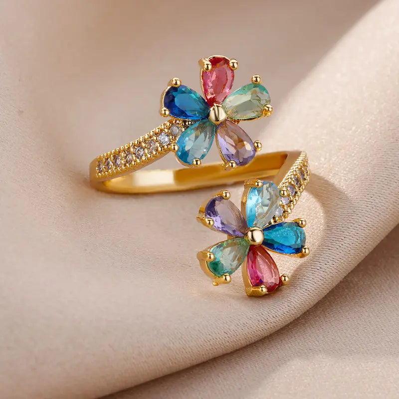 Colored Zircon Double Flower Ring for Women Gold Plated Stainless Steel Wedding Jewelry Gift