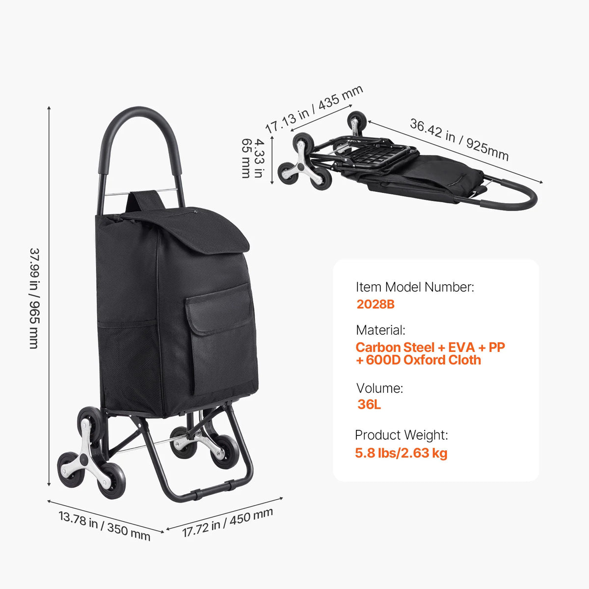 Foldable Stair Climbing Shopping Cart 110Lbs Household Utility Trolley