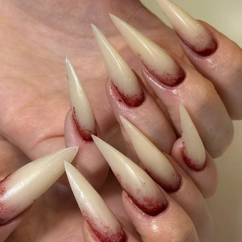 24PCS Gothic Nude False Nails Long Pointed Halloween Blood Stained Design