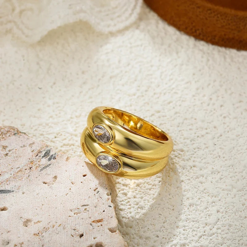 Women’s Fashion Oval Zircon Crystal Chunky Double-Layer Ring Stainless Steel Wedding Jewelry