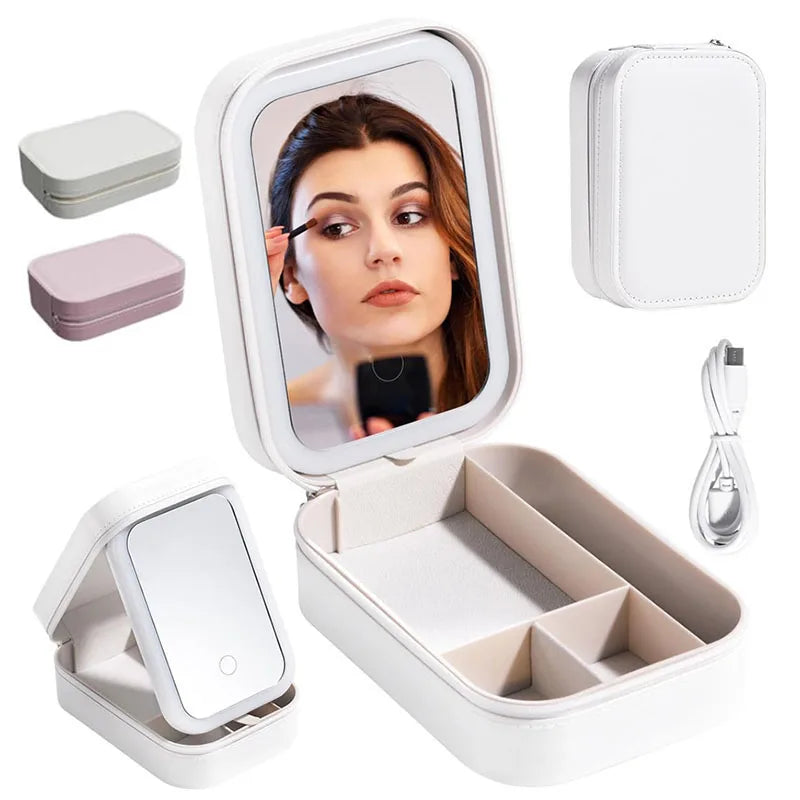 Travel Makeup Brush & Jewelry Storage Bag with LED Lighted Mirror