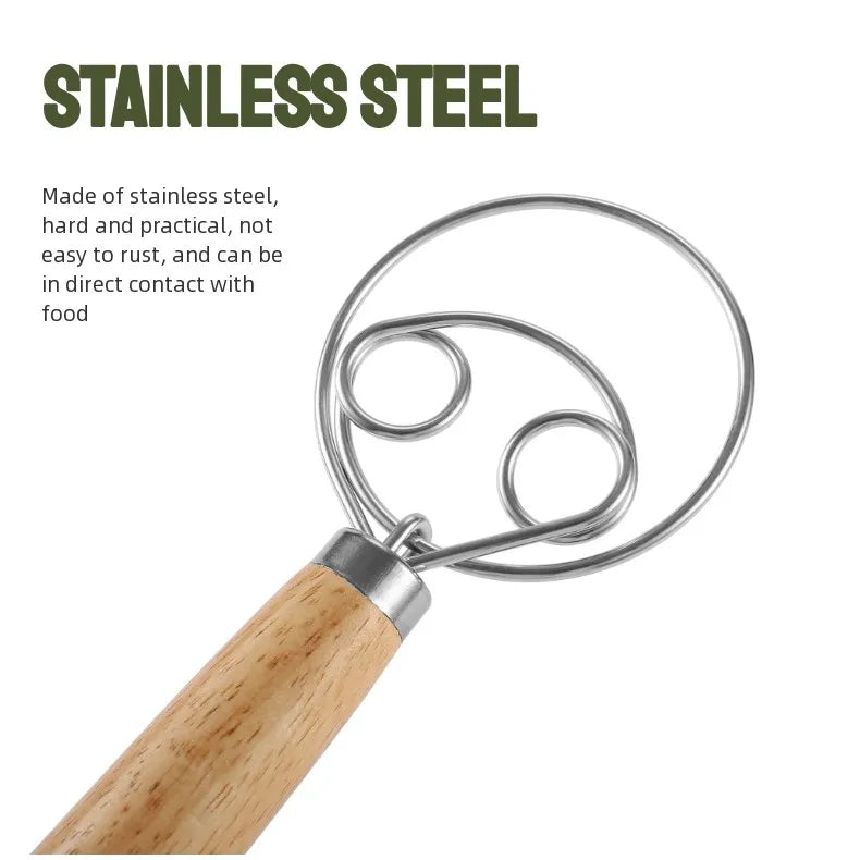 Stainless Steel Dough Whisk with Wooden Handle - 13 Inch Bread & Sourdough Mixer