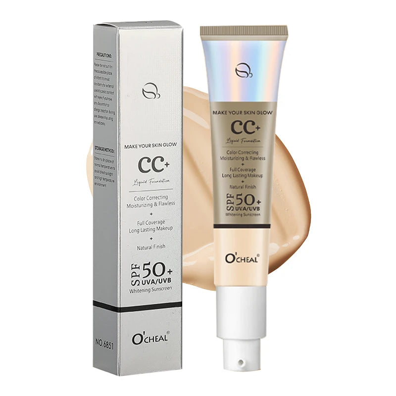 Waterproof CC Cream Foundation with SPF 50+ - Long-Lasting Moisturizing Concealer & Brightening Primer