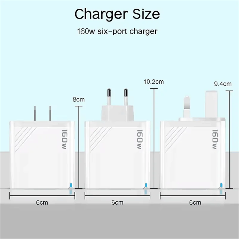 160W Multi-Port USB Type C Phone Charger Adapter with EU/US/UK Plugs