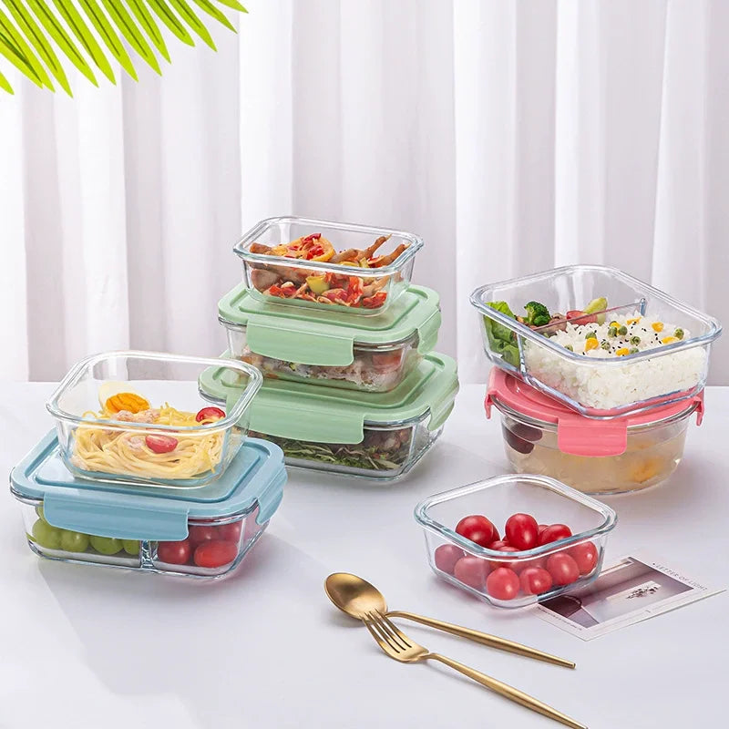 Glass Lunch Box Sealed Food Container with Lid Portable Bento Box for Picnic & Microwave