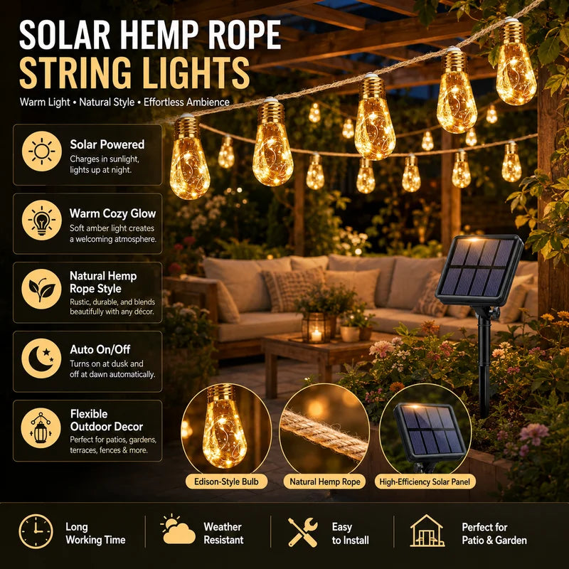 Solar Outdoor Fairy String Lights with Retro Hemp Rope - Waterproof Garden Decor