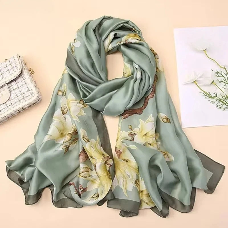 Silky Women's Scarf with Orchid Blossom Print - Lightweight Dressy Wrap for Evening Gowns