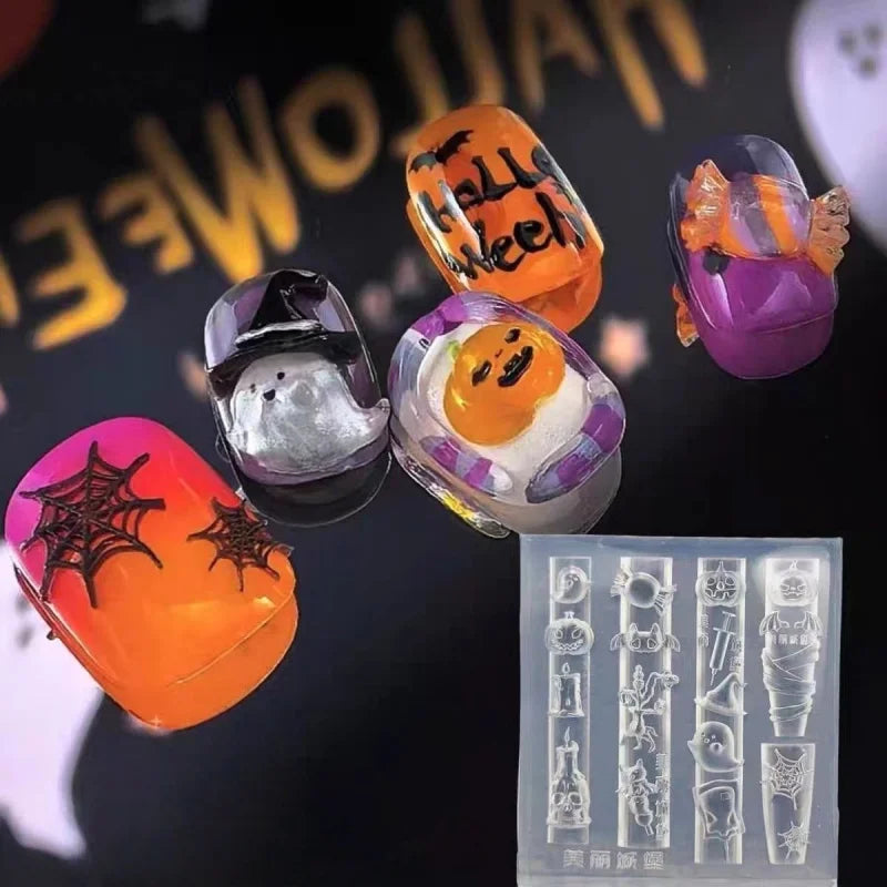 Halloween 3D Nail Decoration Mold Skull Pumpkin Bat Ghost Spider Web Candle Candy