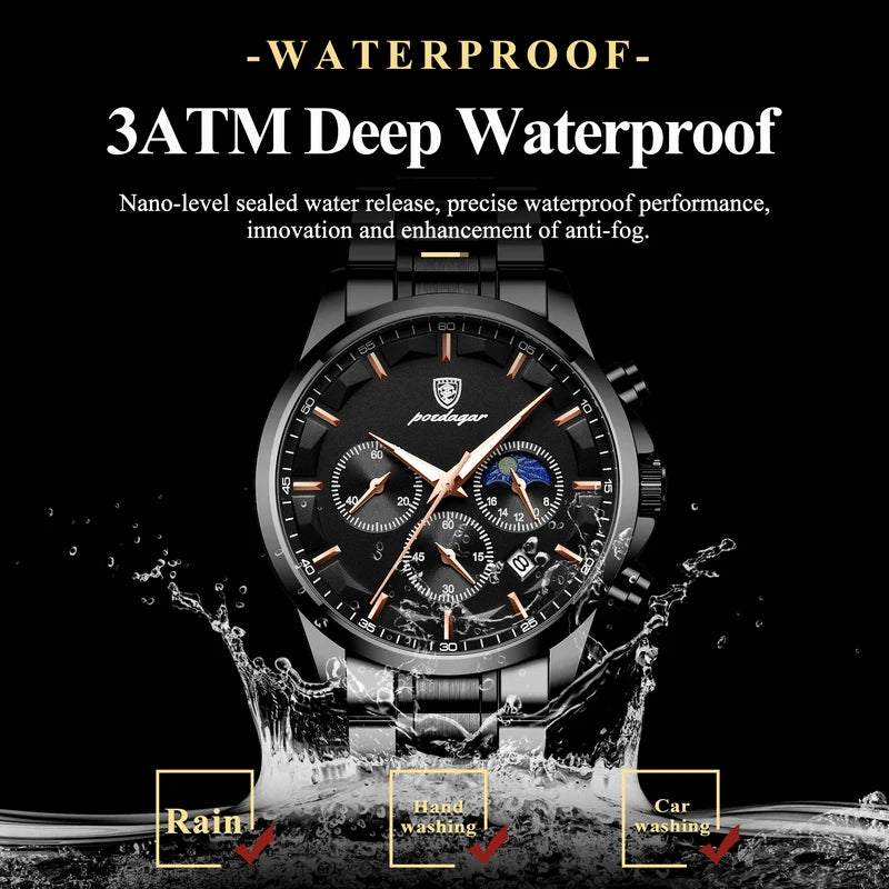 Waterproof Luminous Stainless Steel Men's Chronograph Watch - Business Casual Quartz Wristwatch