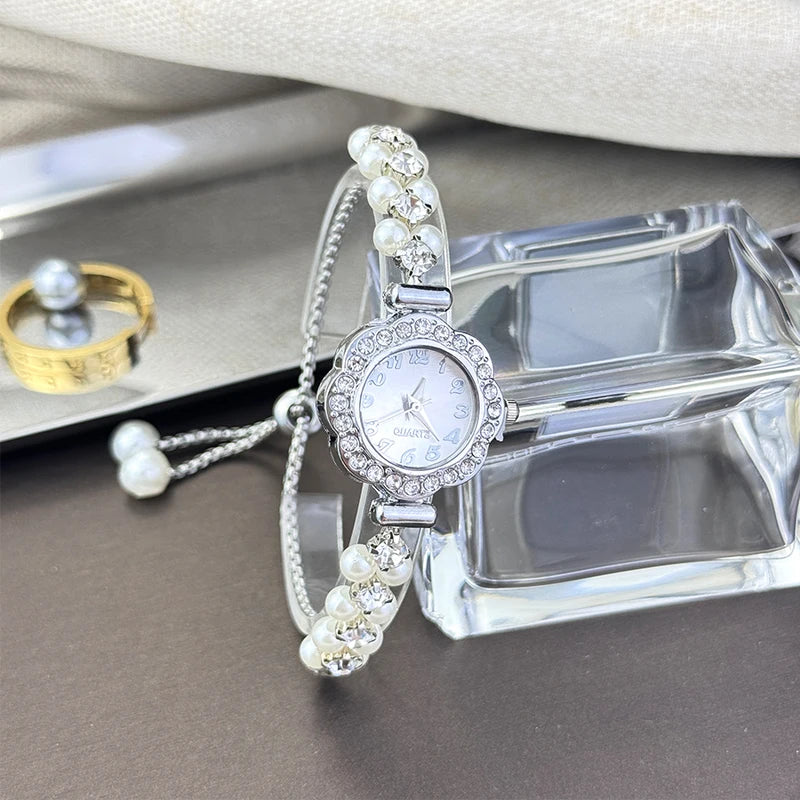 Luxury Double-Row Pearl Quartz Watch with Diamond-Encrusted Case for Ladies