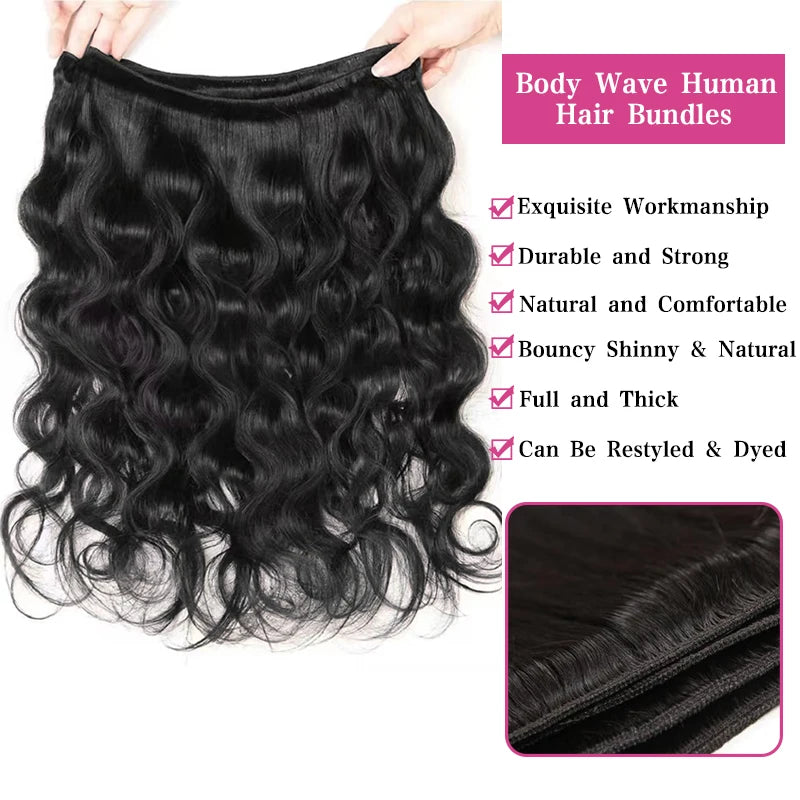 Brazilian Virgin Hair Extensions - Natural Color Body Wave Bundles 22-26 Inches