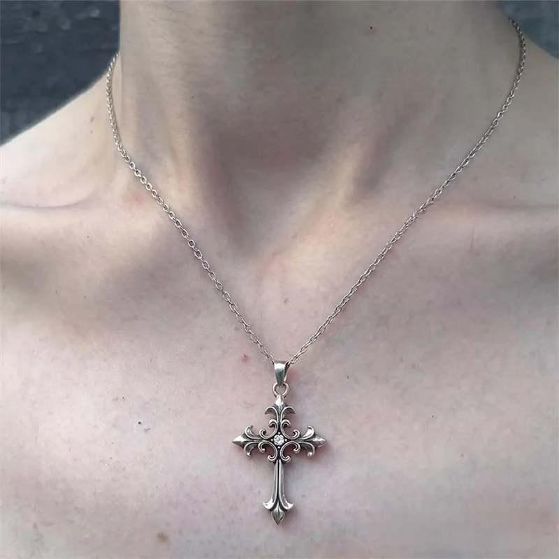 Stainless Steel Cross Pendant Necklace Gothic Y2K Silver Jewelry