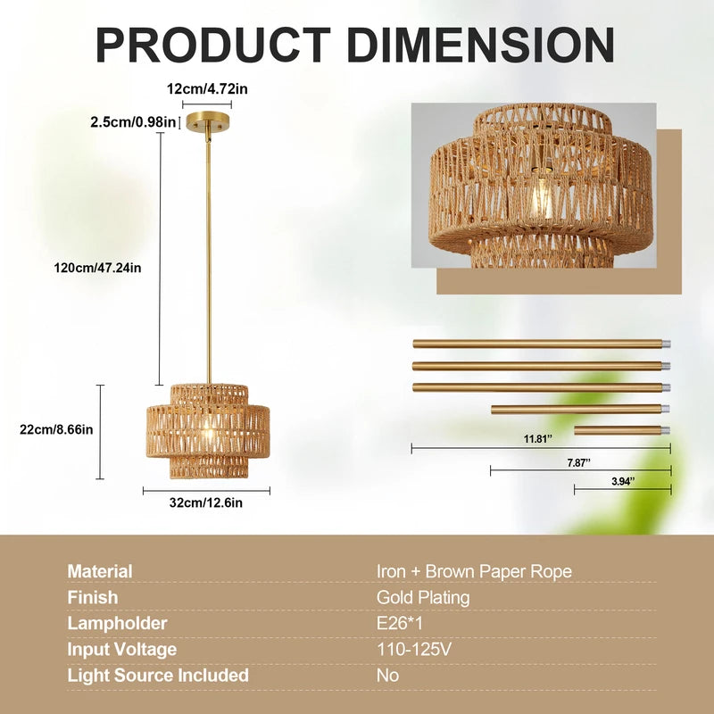 13 Inch Boho Rattan Pendant Light Chandelier for Living Room and Kitchen