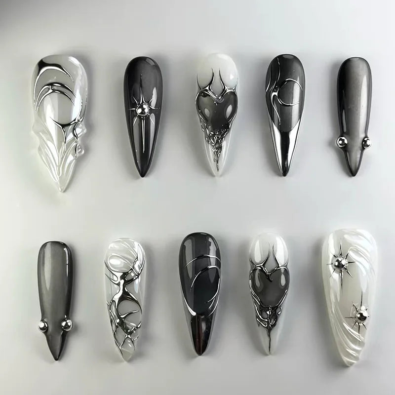 24Pcs 3D Ripple Design False Nails Cat's Eye French Almond Nail Tips - Removable Press On Nails