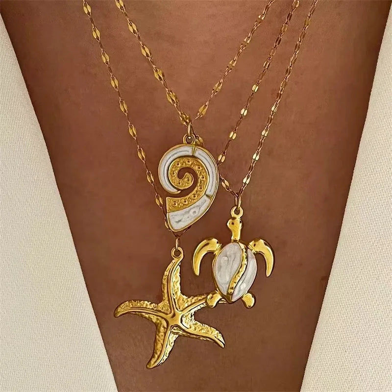Ocean-Inspired Pearl Shell Starfish Sun Charm Necklace for Women – Gold Plated Handmade Jewelry