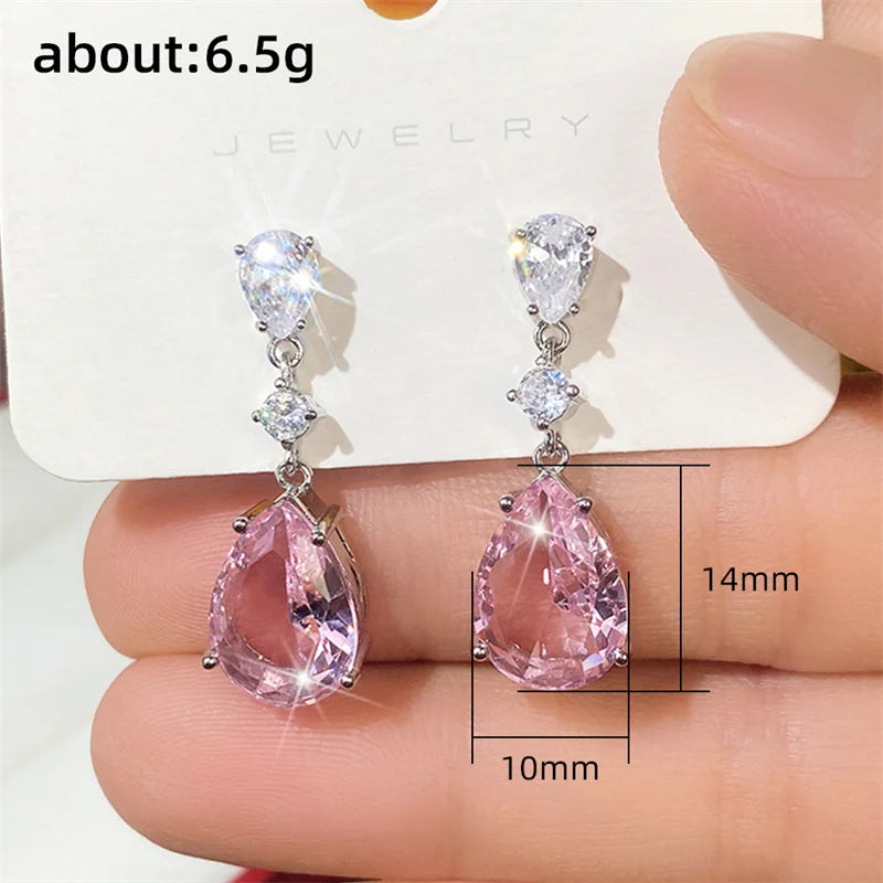 Pink Pear Drop Earrings with Cubic Zirconia for Women Engagement Party Jewelry