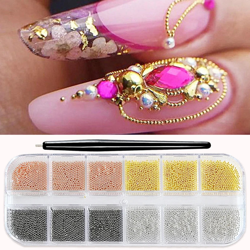 Mini Caviar Beads Nail Art Decorations Metal Micro Ball Set - Gold & Silver