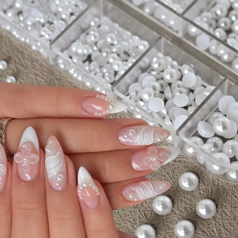 12-Grid 3D White Pearl Nail Charms Beads for Manicure & Nail Art Decoration