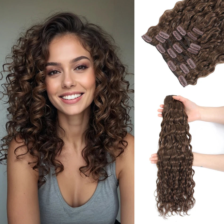Curly Clip-In Hair Extensions 7pcs Water Wave Remy Human Hair for Women