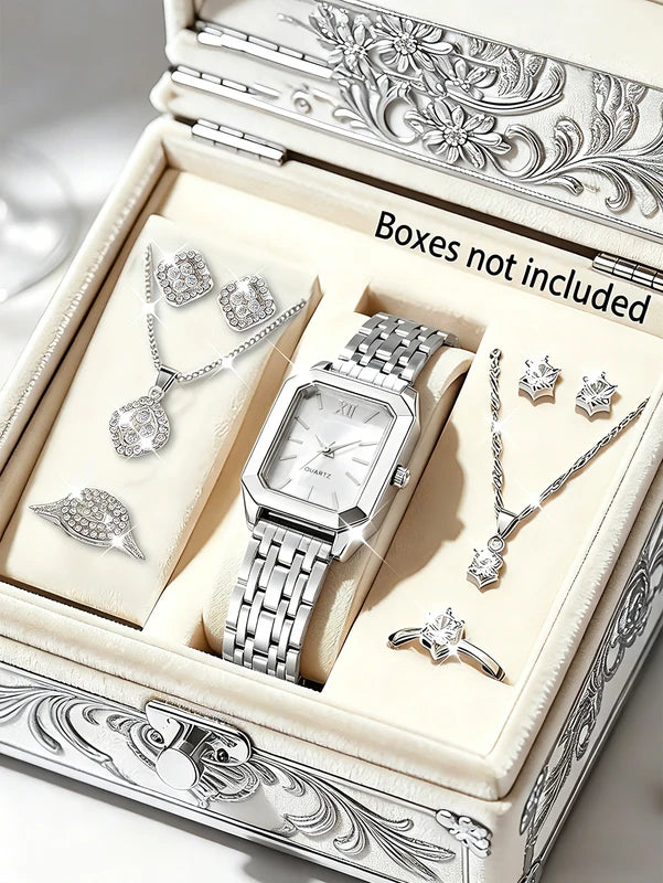 Ladies Quartz Watch Jewelry Set with Stainless Steel Band and Roman Numeral Display