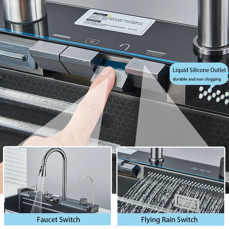 Large Stainless Steel Kitchen Sink with Digital Display and Touch Waterfall Faucet