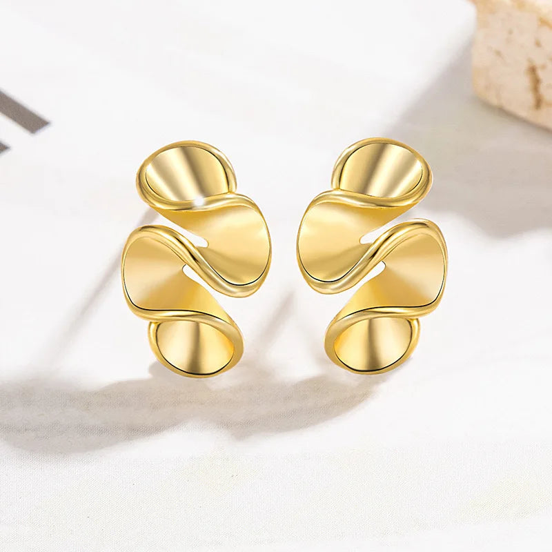 Geometric Pleated Flower Stud Earrings for Women Minimalist Gold Silver Jewelry