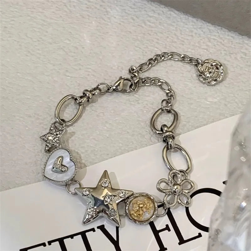 Vintage Punk Metal Love Heart Star Flower Bracelet for Women - Exquisite Jewelry Gift