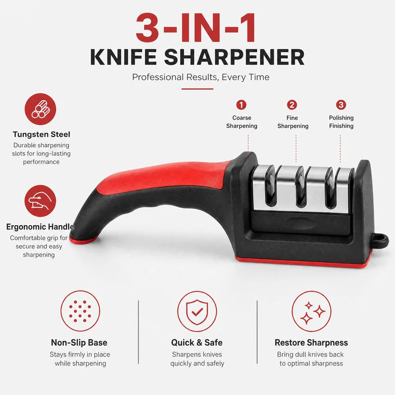 3-in-1 Knife Sharpener with Tungsten Steel Stages - Kitchen & Chef Blades