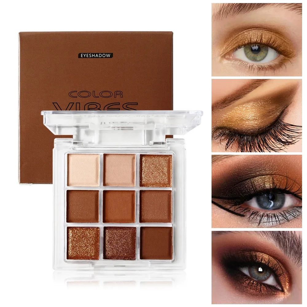 Nine Color Eye Shadow Palette with Glitter and Pearl Finish - Deciduous Red Brown Makeup
