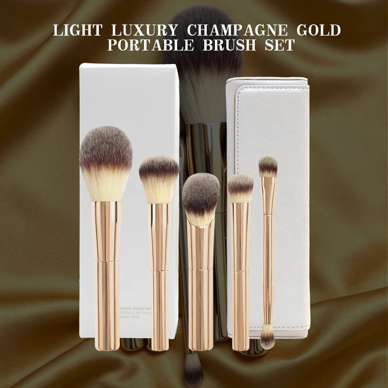 5PCS Makeup Brush Set - Synthetic Hair Foundation & Eyeshadow Brushes, Travel Friendly, Champagne Gold