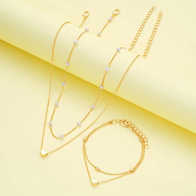 Imitation Pearl Heart Jewelry Set for Women - Gold Color Necklace & Bracelet