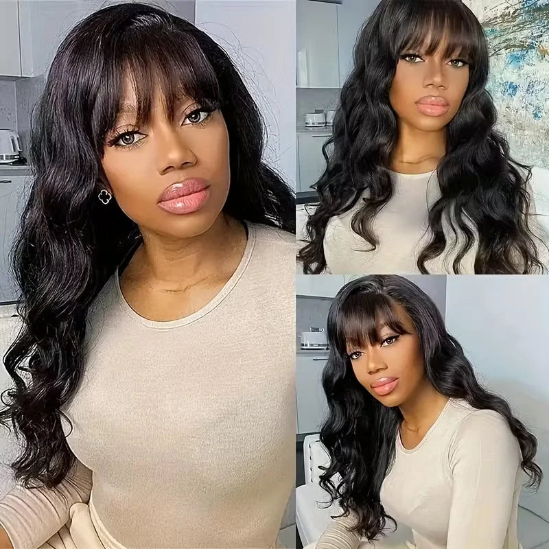Body Wave Human Hair Wigs with Bangs - Full Machine Made Lace Wig, Brazilian Natural Color