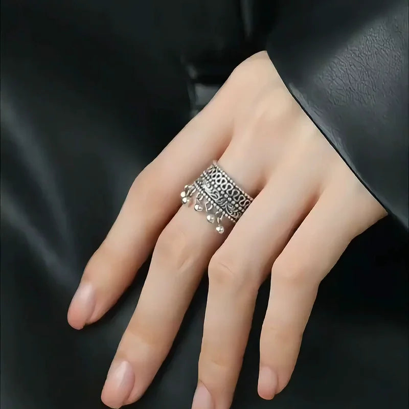 Vintage Thai Silver Beaded Adjustable Finger Ring for Women Jewelry Gift