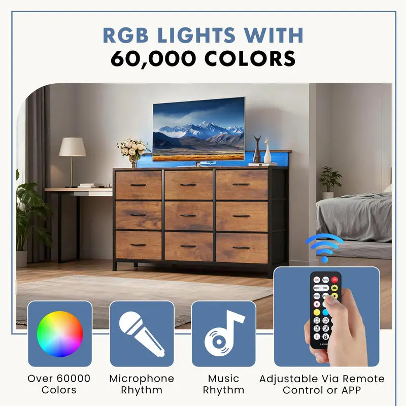 Large TV Stand with 9 Fabric Drawers and Built-In Charging Station for 32-52 Inch TVs