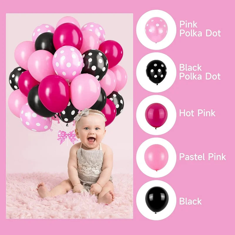 12-Inch Black and Pink Polka Dot Latex Balloons Set for Birthday Party Decorations