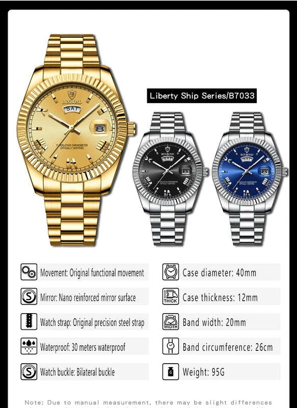 Mens Waterproof Quartz Watch with Luminous Dial and Calendar - Business Sports Style