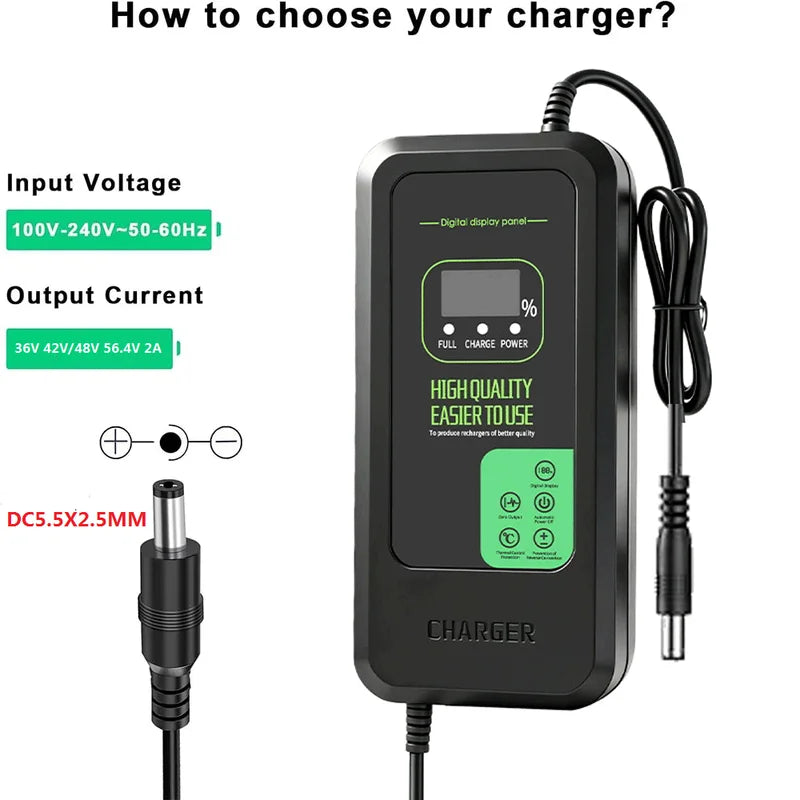 Lithium Battery Charger 36V-54.6V 2A/5A Digital Display EU Power Supply