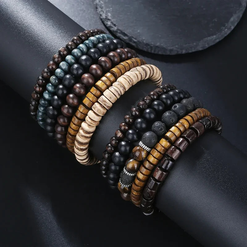 Multi-layer Wooden Bead Bracelet Set for Men - Adjustable Rustic Style Jewelry
