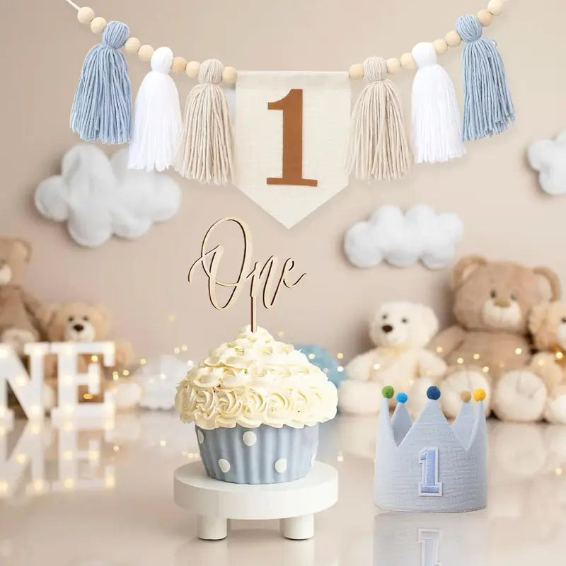 Baby First Birthday Decorations Set - Blue High Chair Banner & Wall Hangings