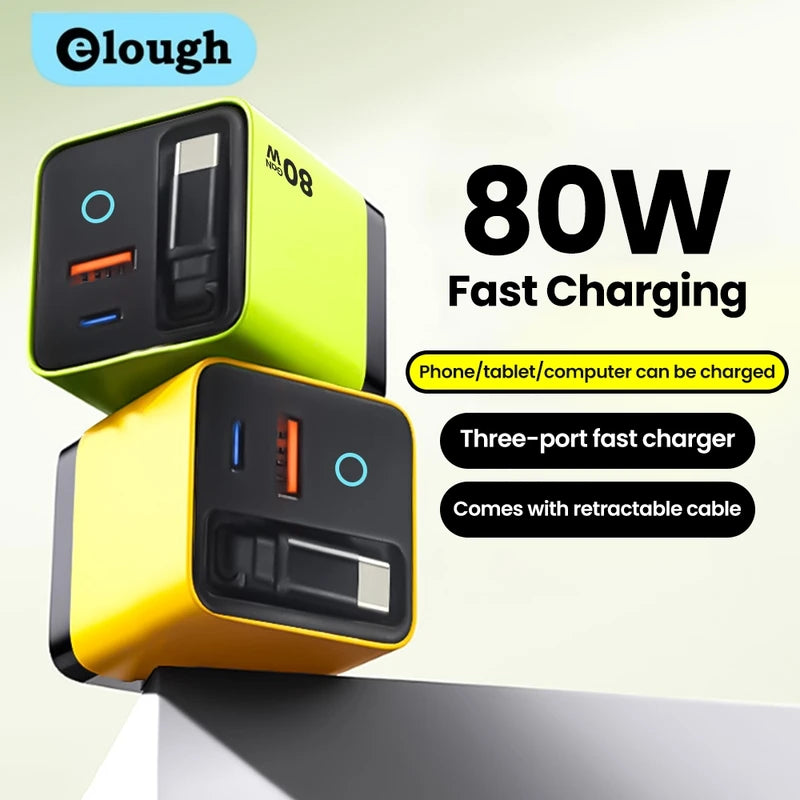 80W Gallium Nitride Fast Charger with Multi-Protocol USB-C Data Cable for Mobile Devices