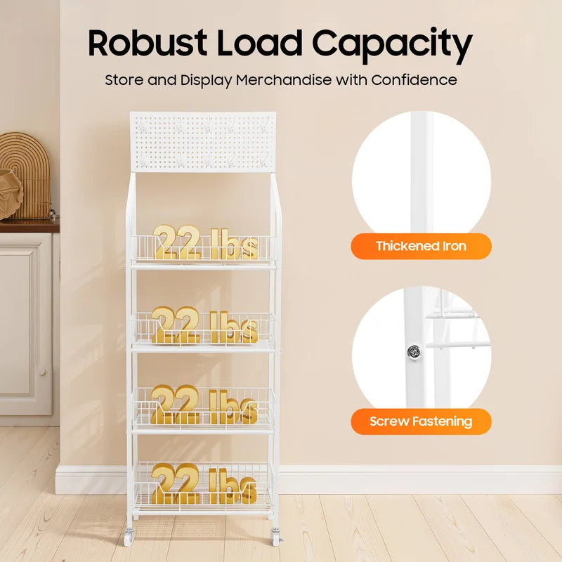4-Tier Metal Retail Display Rack with Hooks and Baskets - White, Adjustable Heavy Duty Storage Shelf for Store & Supermarket