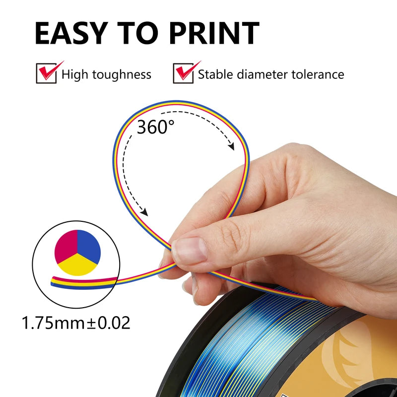 Tri-Color Silk PLA 3D Printer Filament 10kg - 1.75mm for FDM 3D Printing
